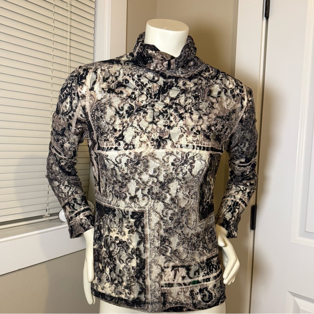 São Paulo Sheer Mesh Long Sleeve Turtleneck Print Blouse Black Cream Size 10 US - Picture 4 of 8